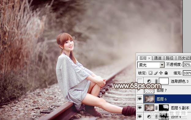 Photoshop调出唯美的冬季红褐色铁轨美女图片31