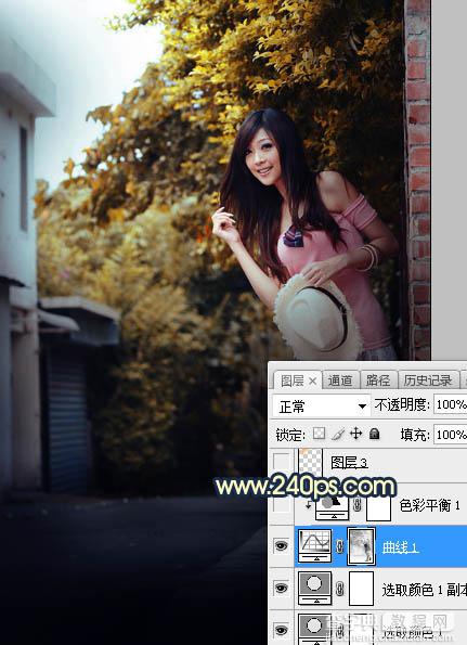 Photoshop调制出阳光晨曦效果路边大树旁美女图片10