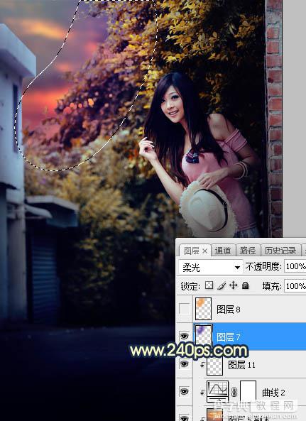 Photoshop调制出阳光晨曦效果路边大树旁美女图片19