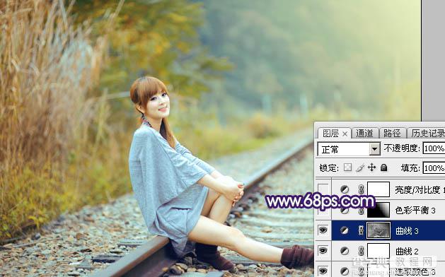 Photoshop调制出淡黄色的秋季铁轨小清新美女图片37
