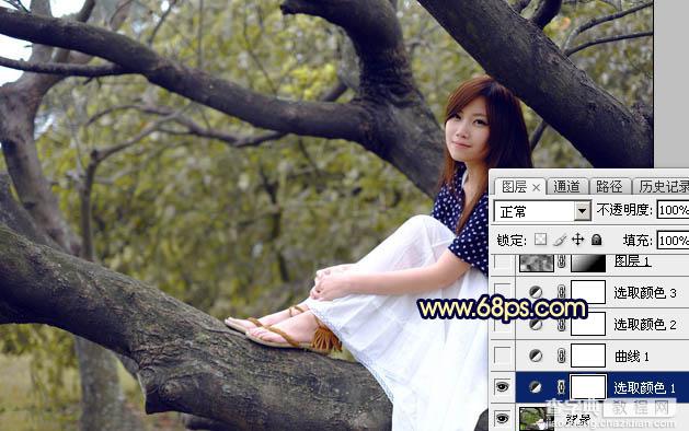 Photoshop调出秋季黄褐色树干上的美女图片5