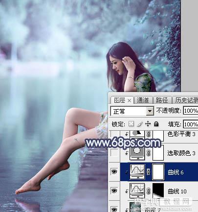 Photoshop调制出梦幻的淡调青蓝色池塘边的人物图片35