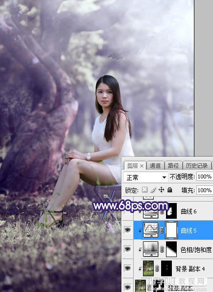 Photoshop调制出甜美清新的淡蓝色树林人物图片30