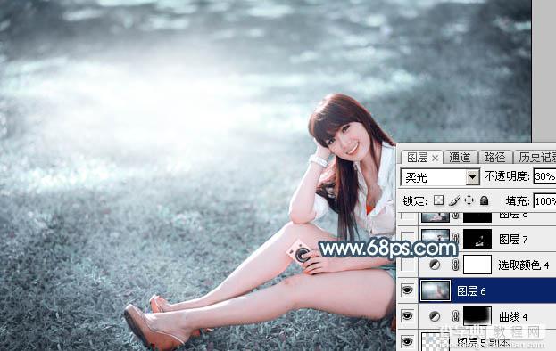 Photoshop调出唯美的秋季淡蓝色草地上美女图片40