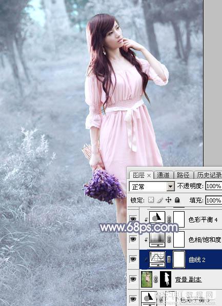 Photoshop快速打造淡蓝色梦幻树林美女图片27