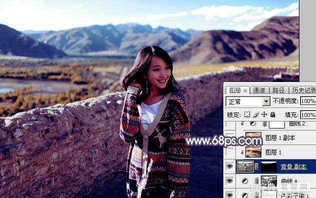 Photoshop将高原山区人物图片调至出灿烂的霞光色24