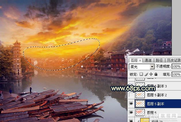 Photoshop调出唯美的霞光水边古镇效果31