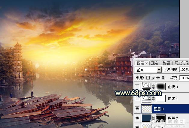 Photoshop调出唯美的霞光水边古镇效果37