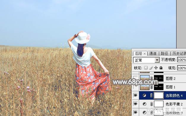 Photoshop将草原上的人物调制出清爽的韩系蓝黄色32