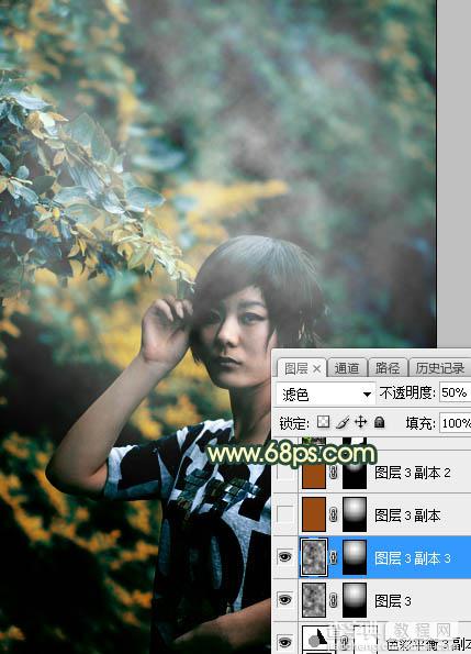 Photoshop将夏季树林人物图片打造甜美的青黄色23