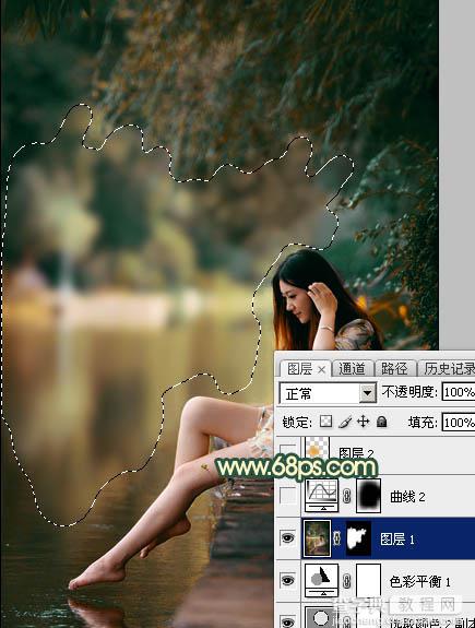 Photoshop将水塘边的美女增加暗调黄青色21