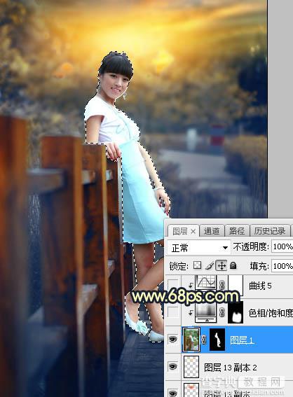 Photoshop调制出秋季晨曦木桥上的人物图片31