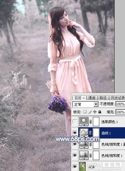 Photoshop快速打造淡蓝色梦幻树林美女图片9