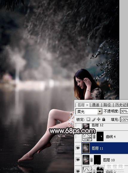 Photoshop调出暗调古典冷褐色水边的美女图片33