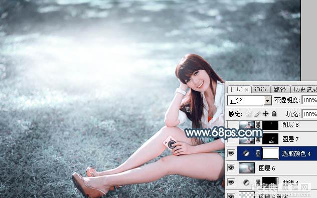 Photoshop调出唯美的秋季淡蓝色草地上美女图片42