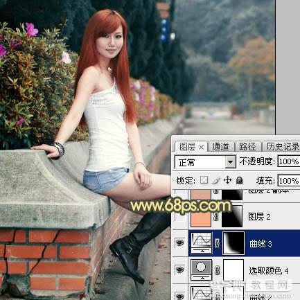 Photoshop为路边的美女加上暗调青黄色霞光色31