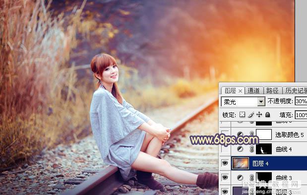 Photoshop为铁轨上的美女增加甜美的晨曦暖色32