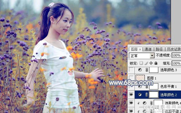 Photoshop为花丛中的美女加上秋季澄黄紫色20
