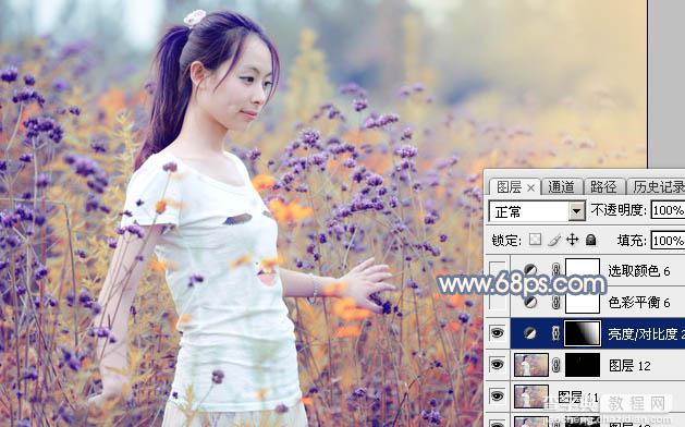 Photoshop为花丛中的美女加上秋季澄黄紫色32