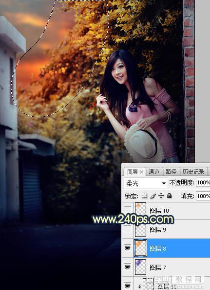 Photoshop调制出阳光晨曦效果路边大树旁美女图片20