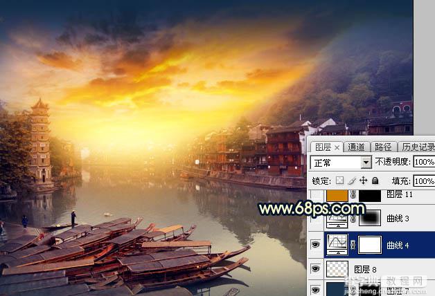 Photoshop调出唯美的霞光水边古镇效果39