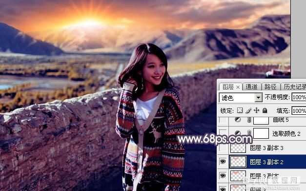 Photoshop将高原山区人物图片调至出灿烂的霞光色33
