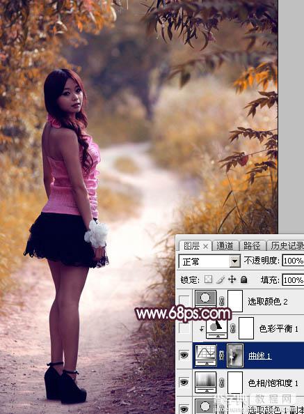 Photoshop将树林人物图片打造唯美的暗调紫红色10