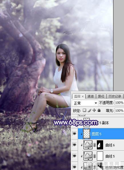 Photoshop调制出甜美清新的淡蓝色树林人物图片33