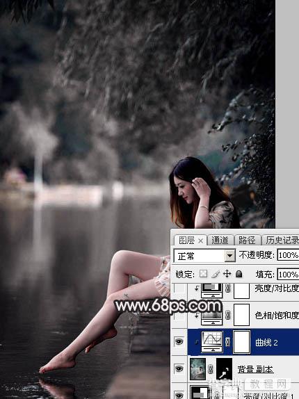 Photoshop调出暗调古典冷褐色水边的美女图片21