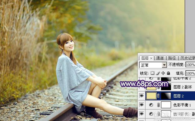 Photoshop调制出淡黄色的秋季铁轨小清新美女图片19
