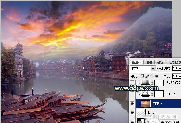 Photoshop调出唯美的霞光水边古镇效果21