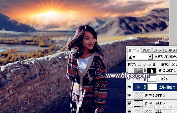 Photoshop将高原山区人物图片调至出灿烂的霞光色39