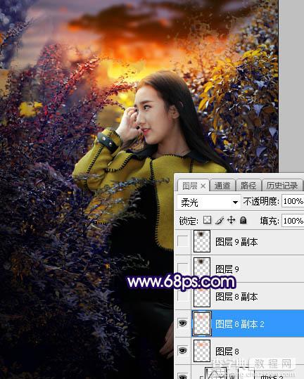 Photoshop调制出灿烂的蓝黄色霞光绿树中的人物图片37