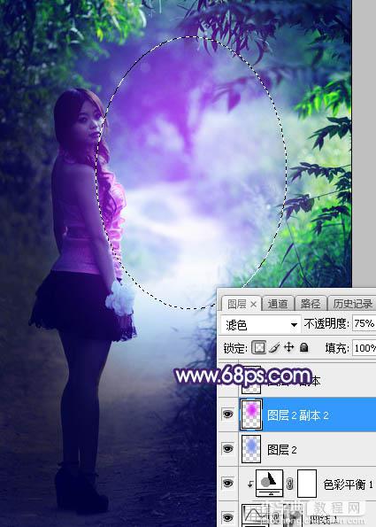 Photoshop将树林人物图片打造唯美的暗调蓝紫色15