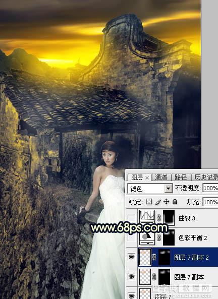 Photoshop调出高对比霞光色残旧古建筑人物图片26