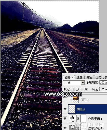 Photoshop为铁轨图片加上晨曦暖色25