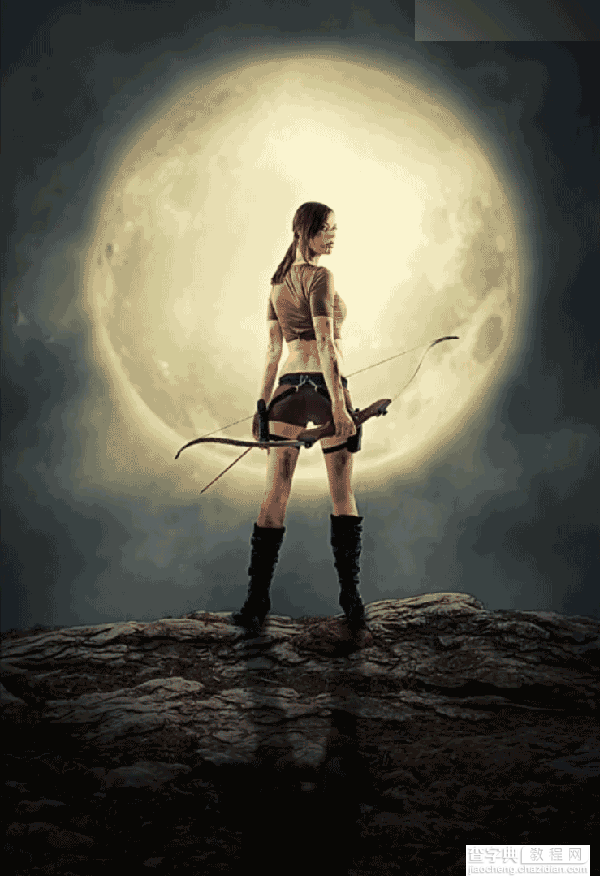 Photoshop合成月亮下拿着弓箭的超酷女战士1