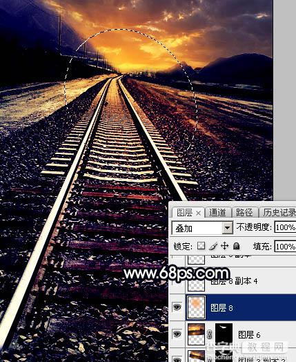 Photoshop为铁轨图片加上晨曦暖色31