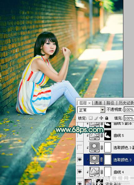 Photoshop调制出甜美的青红色围墙边的人物图片35