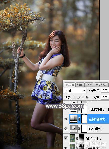 Photoshop将树林人物图片打造出深秋暗红色效果11