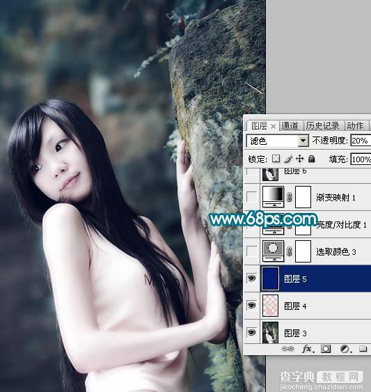 Photoshop调色教程 外景人物照片青绿色调成暗灰青色调16