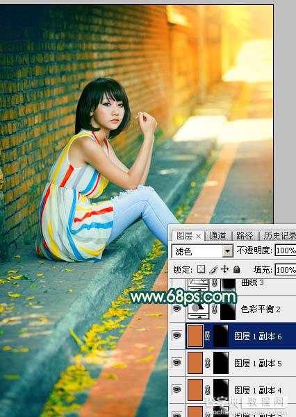 Photoshop调制出甜美的青红色围墙边的人物图片47