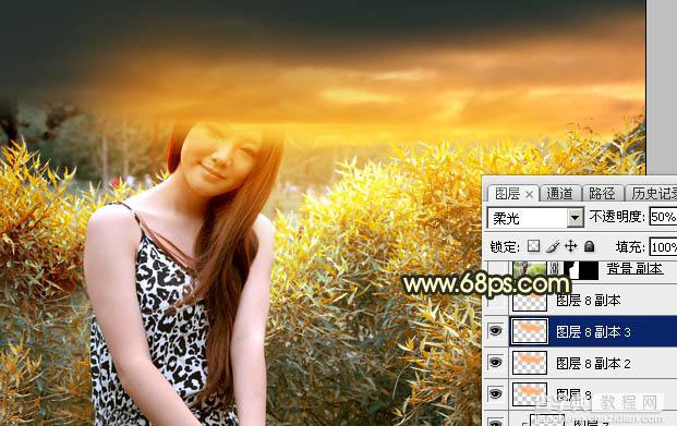 Photoshop将绿竹边的人物图片调出唯美的秋季霞光色28