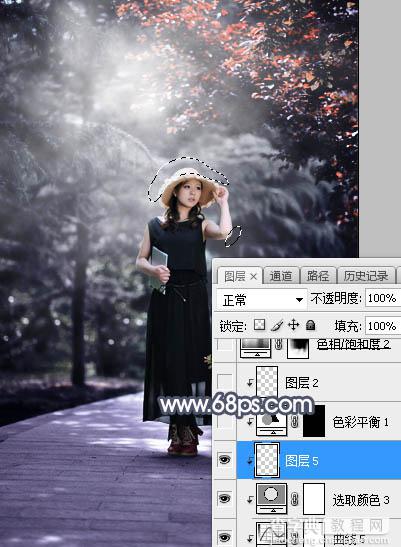 Photoshop将外景人物图片打造深秋暗调蓝红色24