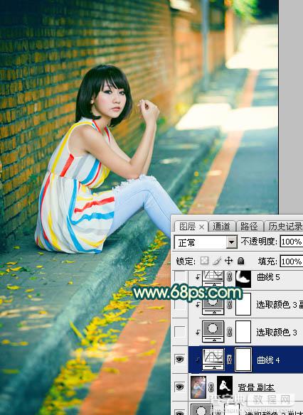 Photoshop调制出甜美的青红色围墙边的人物图片31