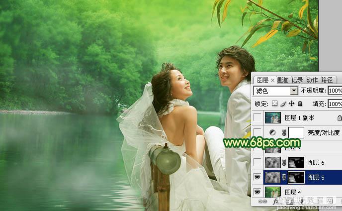 Photoshop调色教程之古典黄绿色水景婚片28