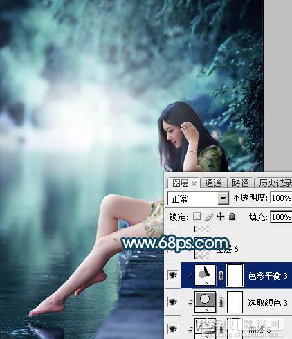 Photoshop为水景人物图片打造梦幻的暗青色效果39