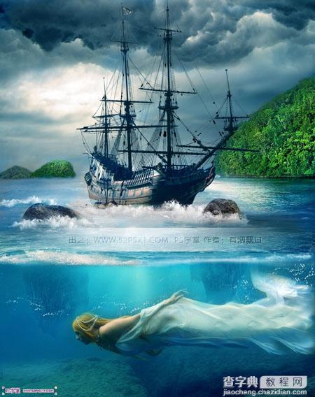 photoshop合成制作出古船下神秘的美人鱼场景1