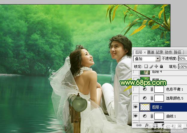 Photoshop调色教程之古典黄绿色水景婚片18