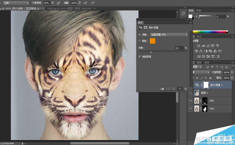 Photoshop将老虎头像和人脸完美融合在一起的效果图49